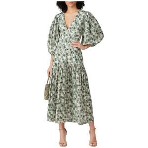 Marysia Resort Imperialis Midi Dress Size L Green Floral Cotton V Neck Boho
